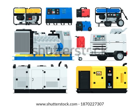 Stationary, industrial and portable diesel power generator. Energy generating backup equipment and electricity voltage source alternator machine vector illustration isolated on white background