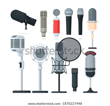 Audio and radio microphone, voice recorder equipment set. Modern or vintage professional sound studio equipment for communication, broadcast, interview or karaoke vector illustration isolated on white
