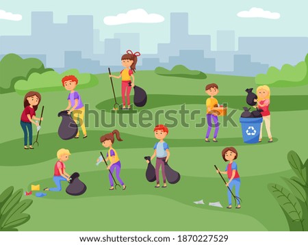 People cleaning up urban city park putting garbage in bag. Volunteer character clearing area, collecting and sorting trash in container for recycling for saving climate and nature vector illustration