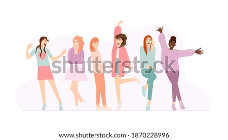 Jumping, singing, dancing happy girl with positive emotion. Casual young multiracial woman screaming, smiling shy, laughing, flirting, greeting, feeling happiness vector illustration isolated on white