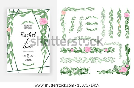 Wedding invitation template and floral design element set. Foliage leaf, blooming rose flower bud border, corner, divider and frame beauty composition vector illustration isolated on white background