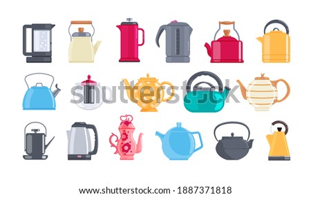 Cartoon teapot water kettle kitchenware for brewing tea set. Modern electric teakettles, vintage and classic porcelain teapots of different shape and form vector illustration isolated on white background