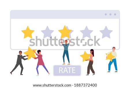 Diverse multiethnic people voting, giving feedback rating with stars. Client, customer or user character choosing satisfaction ranking for estimation, leaving personal review critic, vector illustration