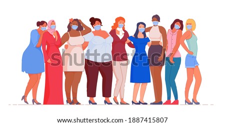 Multiethnic woman group wearing medical mask standing together. Global society unity at struggle with flu disease epidemic, coronavirus infection outbreak or air pollution illustration
