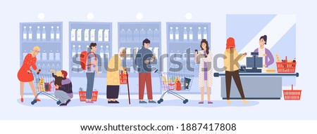 People shopper queue at supermarket counter desk. Old and young man woman customer holding basket with food stand in row, keep social distance at grocery shop cash box with cashier illustration