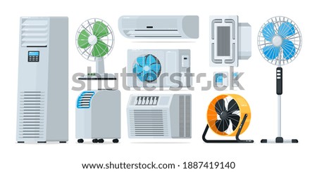 Air conditioner heating and cooling household appliance set. Floor, wall-mounted, home and industrial fan, conditioner, thermostat for climate control illustration isolated on white background