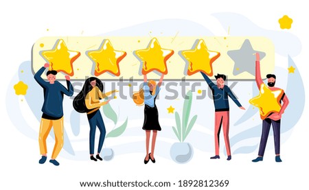 Customer leave review, give feedback, create quality rating. Consumer or user experience feedback, voting and business product satisfaction level or service evaluation vector illustration