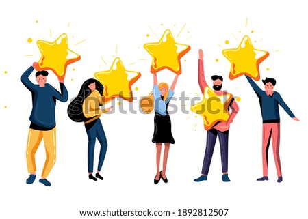 Five star rating positive feedback and high evaluation level. Happy satisfied people holding five gold star giving positive feedback and good review, supporting product or service vector illustration