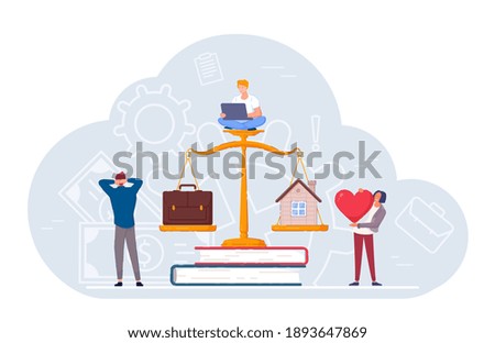 Good balance scale between home life and business priority. Business people and freelancer worker compare love and family with job and career weighting value on libra vector illustration