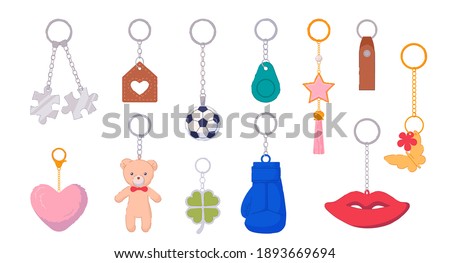 Trinket metal keychain with silver ring for key and breloque. Key holder with pendant souvenir product different shape, design and form for gift vector illustration isolated on white background