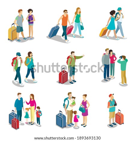 Man and woman traveler with suitcase and bag set. Isolated passenger person cartoon characters on vacation with backpack baggage icons. Tour or journey isometric vector illustration