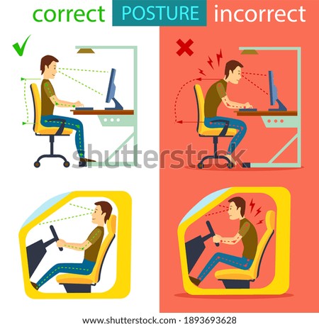 Man sitting on chair in correct and incorrect posture. Person driving car and working on computer at desk with incorrect wrong spine position. Body back pain or health vector illustration