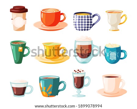 Diverses tasses avec thé, café et boisson chaude l
