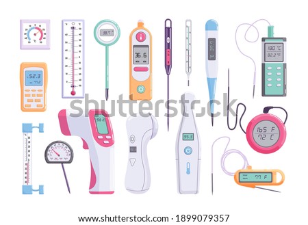 Medical, street, industrial thermometer different type set. Laser, digital, mercury body and infrared, electronic, non-contact pyrometer, street, industrial measuring tool vector illustration isolated