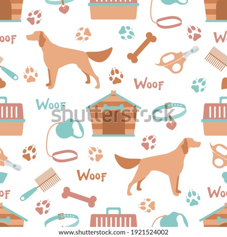 Vector seamless pattern illustration Dog, doghouse, paw tracks, bone, collar, comb, scissors, carrying, leash Animal background Pet shop, vet clinic, shelter concept Design for fabric, print