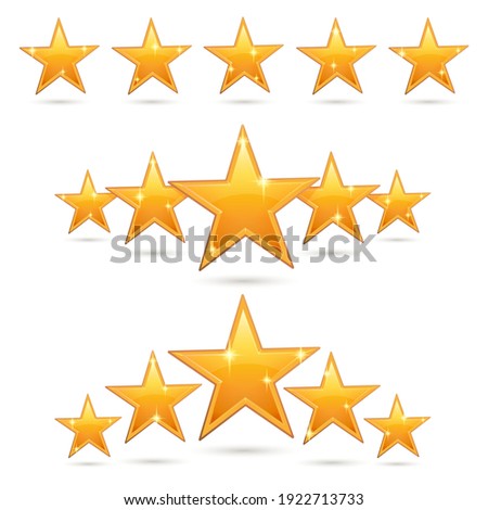 Sparkle award glossy five golden star success review set. Gold glittering rating or winner symbolic ornament, twinkle star rate for status or service evaluation vector illustration isolated on white