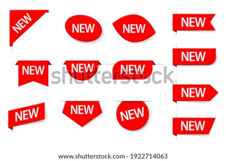 New condition note tag mark, merchandise sticker label set. Descriptive selling exclusive product arrival advertising special retail red etiquette vector illustration isolated on white background