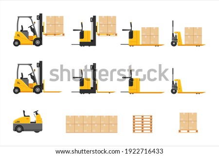 Forklift at work set with parcel stacking cardboard box rack depot and warehouse storage, merchandise, shipment and logistic management vector illustration isolated on white background ストックフォト © 