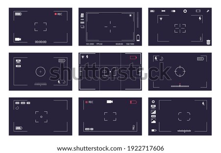 Interface viewfinder digital photo video camera settings set. Widescreen with ui element snapshot mode time indicator, recording label, battery icon, focus, flash vector illustration isolated on white