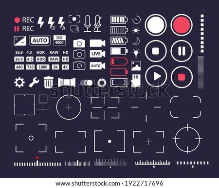 Phone multimedia user interface element mark and icon set. Movie record, camera capture and snapshot video or photograph sharing and setting basic iconic element vector illustration isolated on white