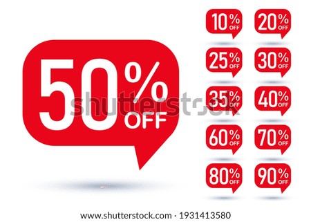 Sale tag speech bubble red shape with different discount set. 10, 20, 25, 30, 35, 40, 50, 60, 70, 80 and 90 percent price clearance sticker badge banner label vector illustration isolated on white