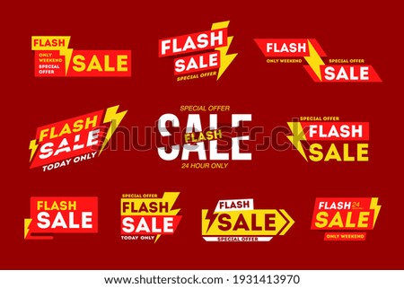 Special flash sale limited time promotion banner design set. Marketing tag with lightning and bargain offer advertising only today, this weekend vector illustration isolated on red background