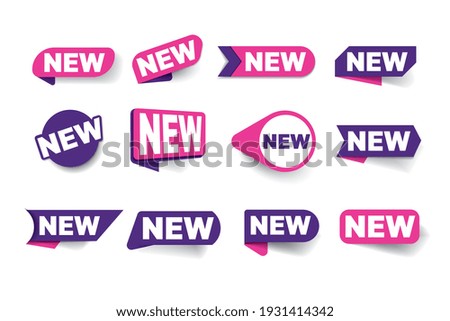 New note label, mark tag, sticker, corner and badge set. New selling condition etiquette with promotion message to arrival advertise, announce vector illustration isolated on white background