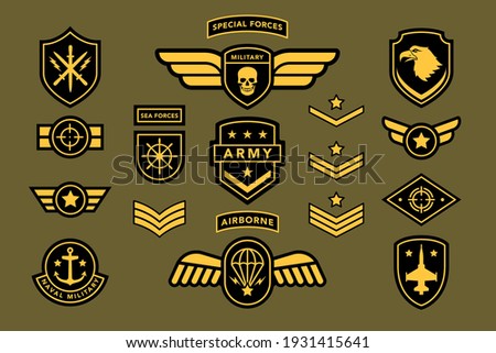 Special force army insignia uniform label, tag, stripe badge. Navy, airborne soldier military camouflage patch set with eagle, star, sword, shield, jet vector illustration isolated on white background