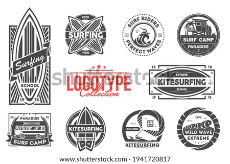 Surf camp and school insignia logo or label badge set