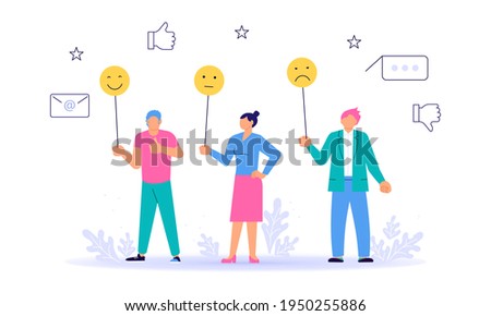 Tiny people with different emotions signs giving their choice for feedback concept. Customer review and satisfaction rating metaphor illustration. Rastered Copy