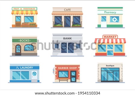 Store facade shop and bank building exterior set