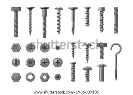 Metallic technical bolt and screw hardware, construct supply. Set of different chrome nail, stainless stud and metal rivet workshop equipment vector illustration isolated on white background