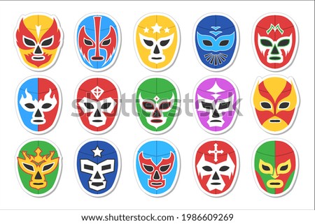 Lucha libre match game, luchador mexican face head mask set. Mexican man costume for traditional folk sport entertainment and fight competition vector illustration isolated on white background