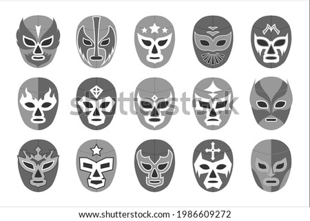 Black-and-white lucha libre mask for wrestling fight show. Set of latino traditional extreme sport game costume for luchador fighter vector illustration isolated on white background