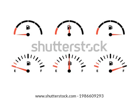 Analog and digital fuel tank fullness indicator set. Automotive dashboard gauge dial showing fuel consumption, car gas, diesel, petroleum volume pointer device vector illustration isolated on white