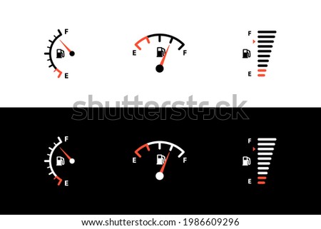 Car fuel tank indicator with gas, petrol, diesel gauge set. Different dashboard auto panel equipment with arrow needle for indicating fuel level vector illustration isolated on black white background Imagine de stoc © 