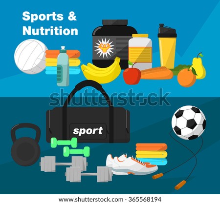 Sport and nutrition. Clothing accessory, gym and fitness, dumbbell and weight equipment icon set on vector header banner. Healthy active lifestyle and sport nutrition supplement diet illustration
