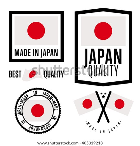 Japan quality label. Export certificate stamp, seal, badge, tag. Retail production sign bundle. Made in Japan label isolated set on white background. Warranty quality emblem vector illustration
