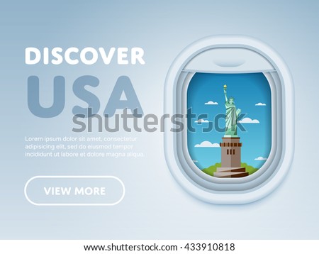 Discover USA. Booking flight to United States of America service advertisement. Airplane porthole with New York City famous attraction statue of Liberty vector illustration. Adventure in USA
