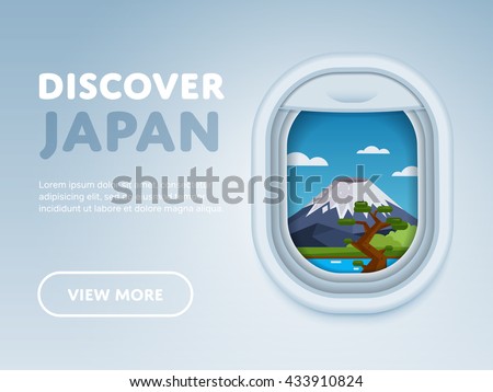 Flight to Japan. Discover Japan banner with airplane porthole window showing view on fujiyama mount. Worldwide traveling by plane. Touristic flight to Japan. Tourism and vacation vector illustration
