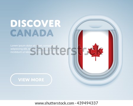 Canada travel. Vector banner with realistic airplane porthole window design on grey background and offer flight to Canada country. Vacation tourism or weekend adventure advertisement illustration
