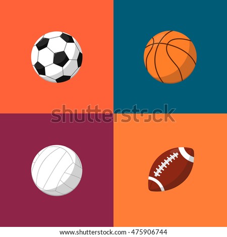 Sport icons set, vector illustration. Balls for american football, basketball, volleyball, soccer ball on color background.