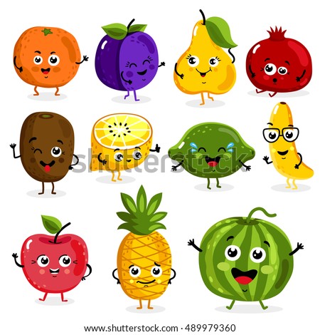 Cartoon funny fruits characters and fruits face isolated on white background vector illustration. Funny fruit face and cartoon fruit characters icon vector set. Cartoon characters. Cartoon face food.