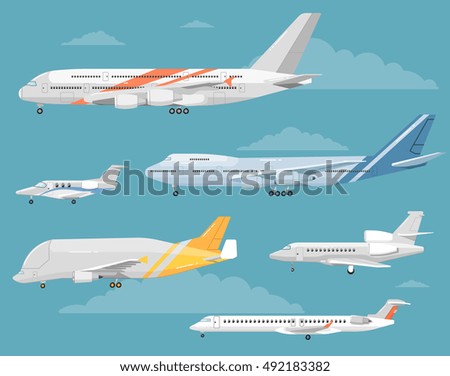 Passenger and cargo airplane isolated vector illustration. Airplane side view illustration. Modern types of airplane. Set of aircraft icon.