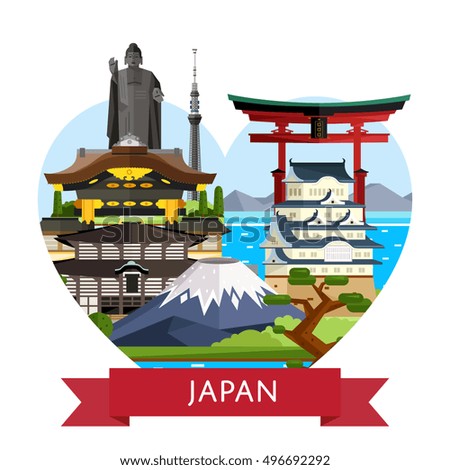 Travel Japan concept with Japan landmarks vector. Adventure in Asia. Japan mountain Fuji. Famous Japan travel places.