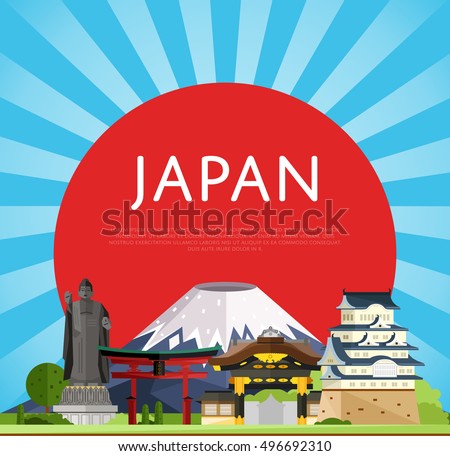 Travel Japan concept with Japan landmarks vector. Adventure in Asia. Japan mountain Fuji. Famous Japan travel places.