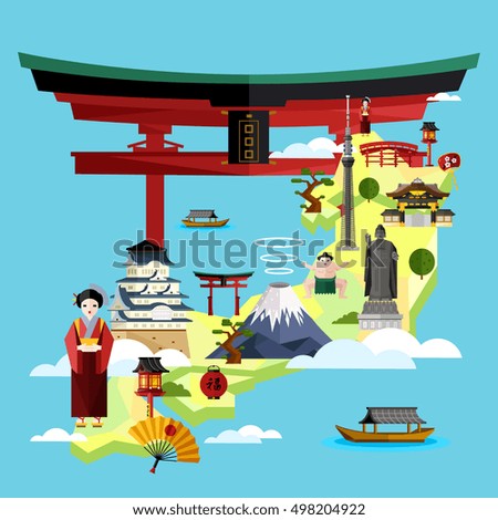 Travel map. Travel poster with land of rising sun asian country. Oriental famous architectural landmark natural sightseeing illustration. Discover Japan vector. Japanese culture exploration map
