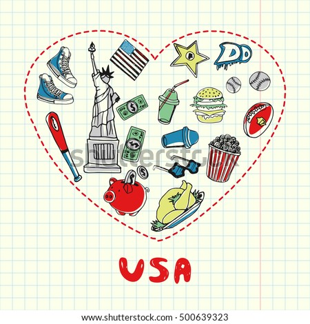 Love USA. Dotted heart filled with colored doodles associated with american nation on squared paper vector illustration. Memories about U.S. journey. Sketched food, culture, finances, sport icons