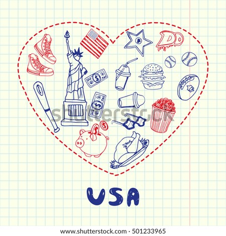 Love United States of America. Dotted heart filled with doodles associated with american nation on squared paper vector illustration. Memories about USA journey. Sketched with red and blue pen icons
