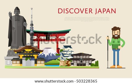 Tour to Japan. Vector poster with Japanese landmark illustration scene and happy smiling man traveler character. Adventure in Japan, studying oriental tradition. Travel agency tour presentation
